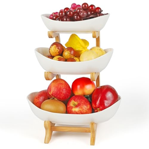 Frutero de 3 Piso Vintage Cesta de Frutas de Cerámica Juego de Cuencos con Pararse Bambú para decoración de cocina, verduras, frutas, aperitivo (blanco)