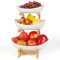 Présentoir à fruits à 3 étages, Corbeille a Fruits Céramique avec support en bois résistant, Plateaux de Service pour Gâteaux Fruits Dessert, Décoration Coupe de Fruit (blanc)