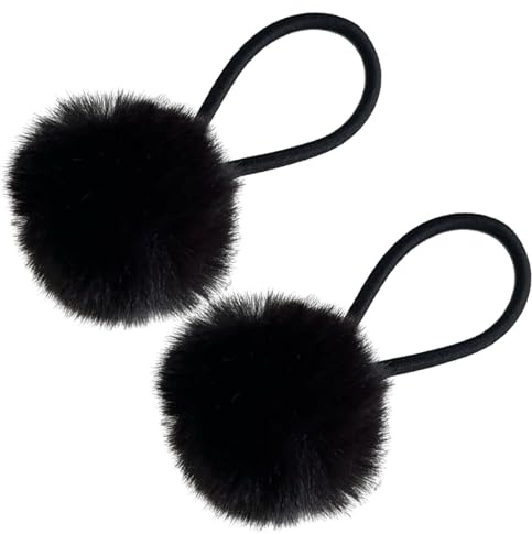 Maxtonser Haargummis mit bunten Pompons, Haargummi, pelziger Pferdeschwanz-Halter, bezaubernd, pelzig, Schwarz, 2 Stück