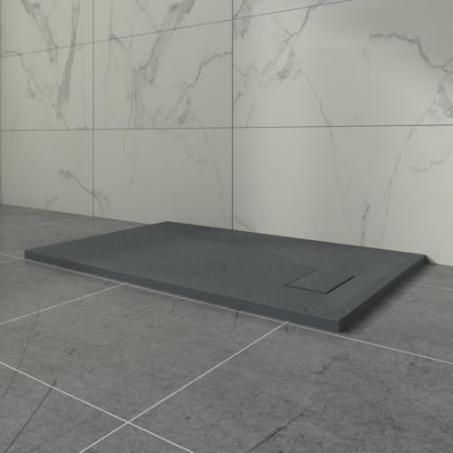 Aquariss Anthracite Rectangular Shower Tray Slate Effect SMC Slip-Resistant Shower Base for Bathroom Enclosures 1200x700mm with Waste