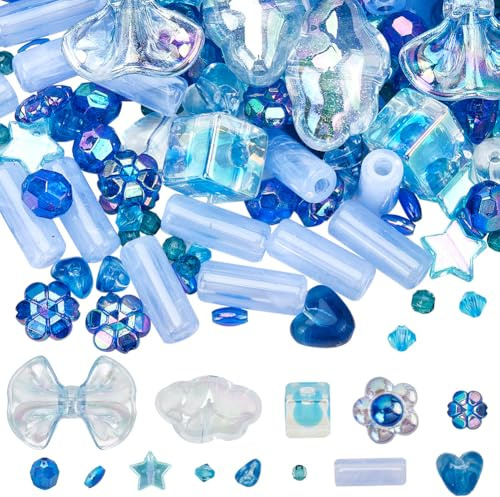 SUNNYCLUE 1 Box 318Pcs 12 Styles Blue Beads Bulk Acrylic Beads Blue Cute Bows Clouds Flowers Love Hearts Square Spherical Plastic Bead for Jewellery Making DIY Craft Bracelet Necklace Earring Supplies