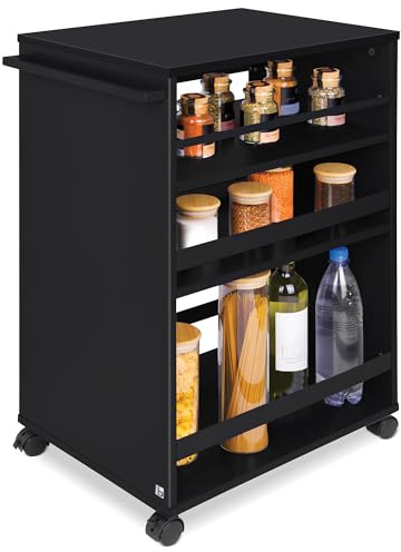 bomoe Nischenwagen Servierwagen auf Rollen mit 3 verstellbaren Ebenen FSC® | 50x38x79cm schwarz Küchenwagen mit Arbeitsplatte freistehender Universal Rollwagen Küche Bad Büro Holz Beistellwagen Bengt