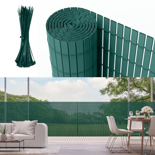 Sichtschutzmatte PVC Sichtschutzzaun mit verstärkten Lamellen 80x500cm Balkon & Garten Sichtschutz ohne Bohren, wetterfest & blickdicht, inkl. Kabelbinder, Windschutz für Terrasse, Grün