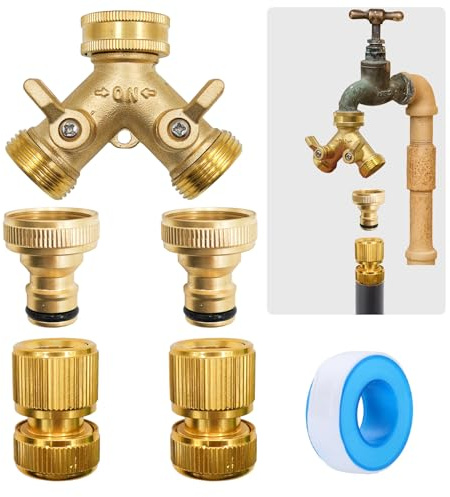 Garden Brass Y Splitter & Tap Connector Kit, Brass Female Threaded Tap Connectors, Hose Pipe Quick Connector and Waterproof Tape for Gardening