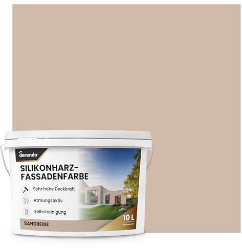 derendo Fassadenfarbe Beige Silikonharzfarbe matt Sandbeige aussen 10l | Für Putz Beton, Abperleffekt, wasserabweisend, UV-beständig, hohe Deckkraft, rissfüllend, diffusionsoffen, Made in Germany,
