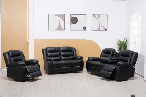 Manual Recliner Leather 3+2+1 Sofa Set - Recliner Sofa Set With Dropdown Table and Cupholder For Living Room (Black, 3+2+1)