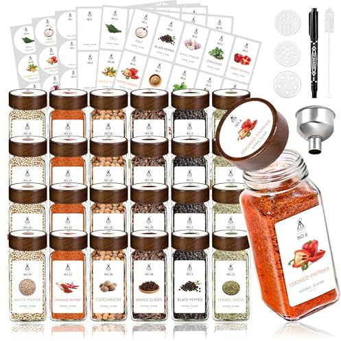 SAEIV Set di 24 barattoli per spezie | Coperchi in legno di acacia | 120 ml con etichette per spezie incluse | Organizer per spezie e perfetto per riporre gli utensili da cucina