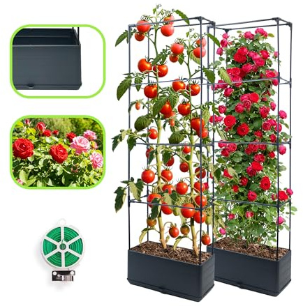 CHEOAR 2 Pack Jardineras Elevadas 140CM con Enrejado, Caja de Cultivo de Tomates de 55,2 Pulgadas con Soporte para Plantas Trepadoras, Interior y Exterior