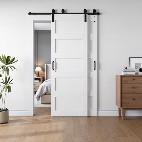 SmartStandard 32x84 Inch White Double Barn Door Set – 5-Panel MDF Sliding Doors with 6FT Bypass Barn Door Hardware Kit, Space-Saving Design, Easy Installation (Pre-Drilled Holes)