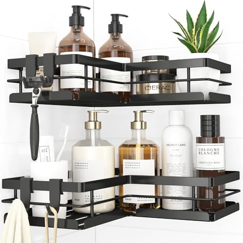 Kitsure Shower Caddy – 2-Pack Corner Shower Shelf with Quick Drain Design, Strong Adhesive, No-Drill Installation & Rustproof Finish for Bathroom, Kitchen & Laundry, Black, 22.0x 22.0 x 5.0 cm