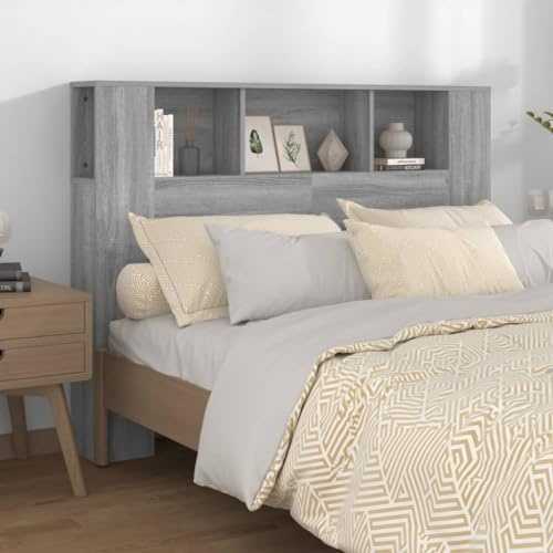 QJBSAVVA Kopfteil für Bett 140x18,5x104,5 cm Holzwerkstoff Grau Sonoma mit 5 Fächern Modernes Design, Robustheit und Langlebigkeit für Schlafzimmer und Gästezimmer