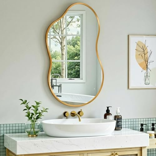 MAMIZO Specchio asimmetrico, 50 x 91 cm, specchio da parete di forma irregolare, vetro temperato, cornice in alluminio, specchio decorativo, specchio da trucco unico, specchio da bagno, oro
