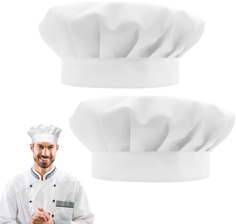2 Pièce Chapeau de Chef, Toque de Cuisinier Bonnet de Chef Unisexe Toque de Chefes pour Homme et Femme Bonnet de Cuisinier Ajustable Élastique Toques de Chefes pour Adultes Cuisine Maison Restaurant