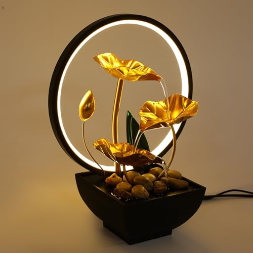 Mqwdxzfes LED Licht Tischbrunnen, Zimmerbrunnen Wasserfall mit leiser Pumpe, Lotus Design Desktop Wasserfall Deko, Moderne Meditationsbrunnen für Zuhause Büro Entspannung Meditation Zen