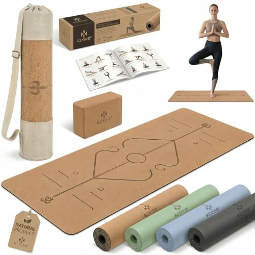 [lilaBelle]Yogamatte-Kork, Rutschfest, Einzigartiges Design, Natürlicher Kork, TPE Fitness-Trainingsmatte 183x61 cm mit Tragetasche und Gurt, für Zuhause, Pilates, Aerobic Fitnessstudio und Workout