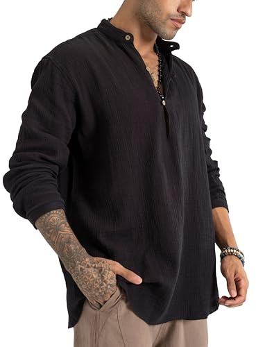 The Veshti Company Cabana Crinkle Kurta Shirt for Men | 100% Cotton Relaxed Fit Lightweight Henley Shirt | Casual & Festive Wear-Black- XXL