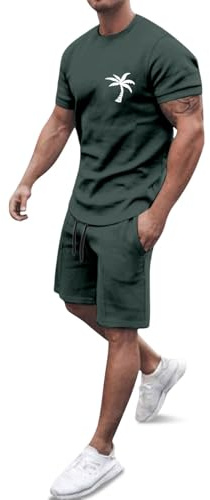Genérico Chándal Completo Hombre 2 Piezas Verano Conjunto Casual Camiseta de Manga Corta con Palmeras Pantalones Cortos Transpirable Ligero Traje Deportivo para Salidas y Ocio