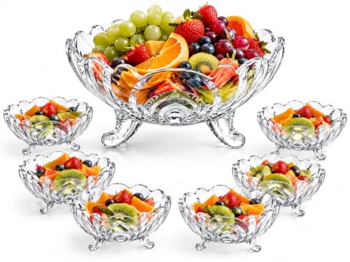 Housetronics Large Crystal Clear Glass Fruit Bowl, Creative Footed Modern Deep Dish Pudding Trifle Dessert Serving Bowl Ideal Decorative Bowls, Salad and Potpourri (7 Bowl Set)