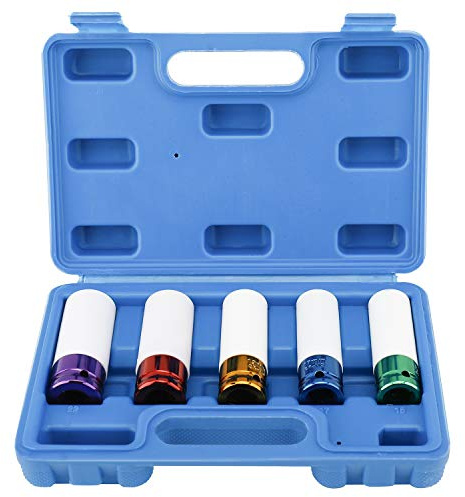 FreeTec 5tlg Kraft Schoneinsatz Set, 1/2 Alufelgen Schonnüsse Set, 15 17 19 21 22mm Steckschlüsselsatz Radmuttern, Schlagschrauber Reifenwechsel, Radwechsel Nuss Radschrauben Nüsse Set, 78mm Länge