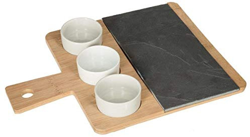 Juego de aperitivos de 4 piezas, pizarra y bambú