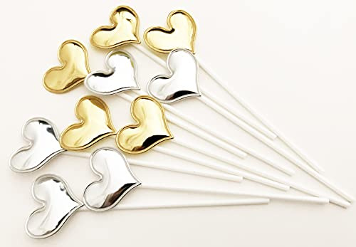 AILEXI Handmade 10 Counts Leather Reflective Glitter Cake Decorating Toppers for cake cupcake and icecream - 5 Gold and 5 Silver Hearts