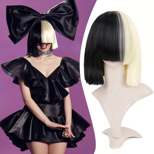 Queentas Halvblond, svart, 2 ton, färg, kort, rak bob, syntetisk, hel peruk, cosplay-peruker för kvinnor