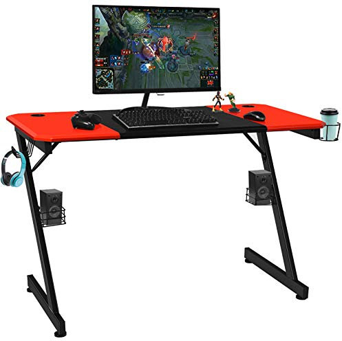 GOPLUS Gaming Schreibtisch, mit Getränkehalter, Kopfhörerhaken & 2 Audioständern, PC-Schreibtisch mit Z-förmigen Tischbeine, Ergonomischer Gaming Desk, für Büro, Zuhause