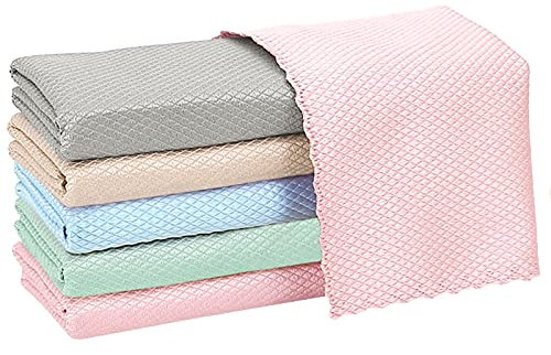 Cinvo Paño de microfibra de escamas de pescado de 30 x 40 cm, 5 unidades, trapo de limpieza de pulido, sin pelusas, reutilizables, paños de cocina multiusos de absorción de agua para ventanas, coches,