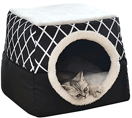 Katzenhöhle 2-in-1 Faltbares Cube Katzenzelt Katzenbett Katzenhaus Rutschfest Warm Indoor Halbgeschlossenes Haustier Hundebett Schlafhaus mit Abnehmbarem waschbarem Kissen, 38 x 38 x 34 cm, Schwarz
