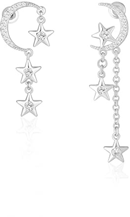 MESOVOR Pendientes Colgantes Luna Estrella, Borla Colgante Chapada en Oro de 16 Quilates | Pendientes Asimétricos de Circonita Brillante para Mujeres y Niñas (Plata)