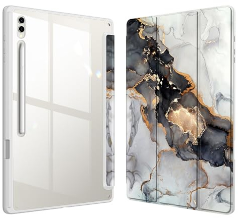 Fintie Hybrid Hülle für Samsung Galaxy Tab S10 Ultra/S9 Ultra/S8 Ultra 14.6 Zoll Tablet- Stoßfeste Abdeckung mit Transparent Hartschalen Schutzhülle und Stifthalterung, Trüber Marmor