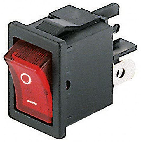Interruttore bipolare a bilanciere DPST bipolare ON-OFF con tasto luminoso rosso e con terminali faston 4,8mm, foro di montaggio 19x13mm, 250V 6A