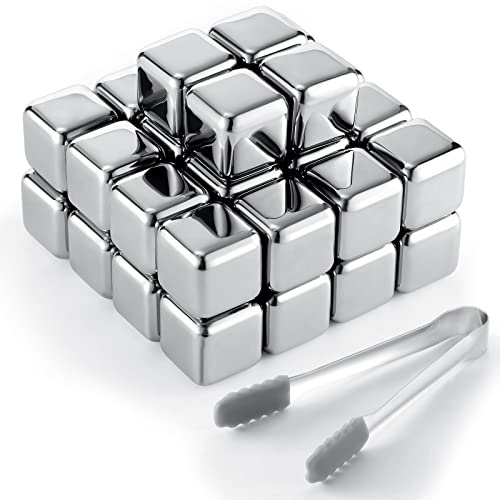 Yexiya 24 Pcs Reusable Stainless Steel Ice Cubes with Tongs Whiskey Cubes Vodka Metal Rocks Tool Ice Stones Rocks for Summer Drinks Chilling Whiskey Iced Coffee Vodka Liqueurs Wine Not Solid