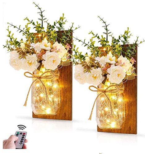 KENANLAN Mason jar Wall Decor 2 Pcs Glass Jar Wall Sconces Decor Rustic Wall Lamp with Remote Control LED Fairy Lights and White Rose Home Living Room Decor