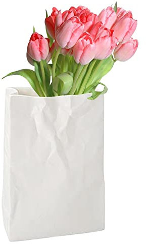 Supatmul Knistern Papier Tütenvase, 2023 Neue Crinkle Paper Bag Keramikvase Tütenvase Keramik Buchblumenvase für Blumenarrangements, dekoratives Bücherregal, 14x20cm