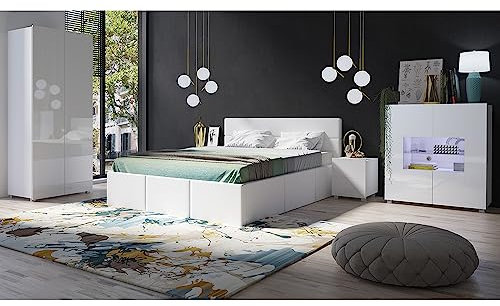 Lomadox Schlafzimmer Set 5-teilig mit Bett 160x200cm, 2 Nachttische, Kleiderschrank 2-TRG., Highboard in weiß Hochglanz mit weißem Kunstleder Modern