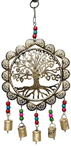 ROCKING GIFTS Móvil de Viento Colgante Arbol de la Vida Metalico con Campanitas, Carrillón para Exterior Color Bronce Dorado, Decoración Mural, 40 cm