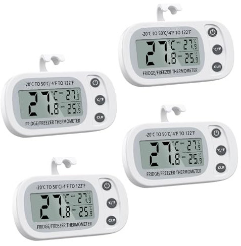 Kühlschrank Thermometer,4Stk Wasserdicht Digital Gefrierschrank Thermometer,Zimmerthermometer mit Haken Magnetisch,LCD Display lesen,Max Min Rekord Funktion,für Hause,Bars,Cafés,Kühlschrank,Gewächshau