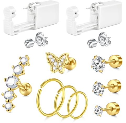 AVYRING 2 Stück Ohrloch Stecher Set und Zubehör Surgical Steel Knorpel Piercing Pistole für Damen, Schmerzarmes Ohrlochstechen Set mit CZ Steckern und Creolen, Silber