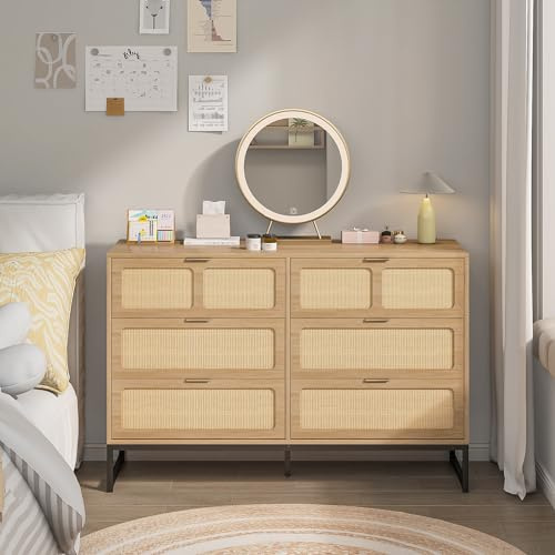 Furtivusia Rattan 6 Drawer Dresser Mid Century Modern Dresser Chest of Drawers Boho Farmhouse 6 Drawer Cabinet with Wide Drawers Metal Legs Storage Dressers Chest for Bedroom, Living Room (Wood)