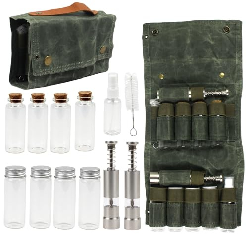 Yuecuu Tragbare Outdoor Gewürztasche Faltbarer Camping Gewürz Aufbewahrungstasche mit 8 Gewürzgläsern, 2 Gewürzmühle, 1 Öl Sprühflasche, 1 Reinigungsbürste