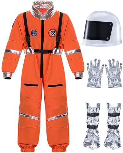 Cuffbow 4 Pcs Astronaut Costume Kids for Halloween, Space Helmet Jumpsuit Gloves Shoe Covers Set for Child Teen Boys(Orange,8-10 Years)