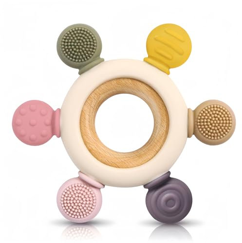 Soodyoow Beißring Baby, Beißspielzeug, Beißring aus Silikon, Beissring Baby Hölzern Ring, Zahnen und Greifling Nursing für Babys ab 3 Monaten