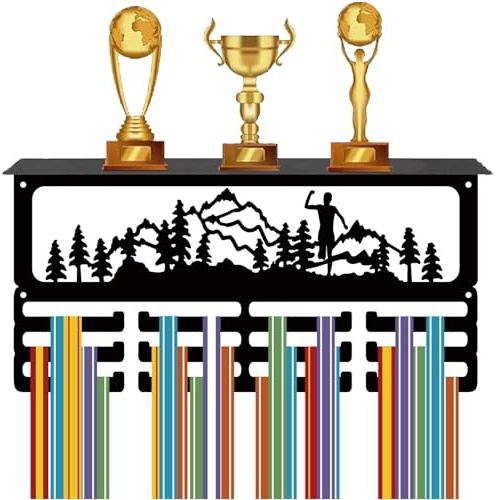 CREATCABIN Lauf-Medaillenaufhänger,Display,Trophäenregal,Medaillenhalter Mit Regal,Bergständer,Sport,4 Reihe,Metall-Wandhalterung Zum Aufhängen,Für Mehr als 70 Medaillen Wettbewerbe,40x20x10cm