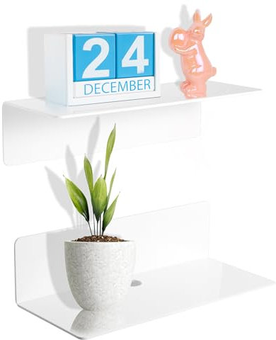 MAGOSIS Floating Shelves for Wall - No Drill White Shelving Units for Bedroom, Living Room, Bathroom and Kitchen, Self Adhesive Wall Mounted Shelf, Stick On Acrylic Shelfs - 2 Sets