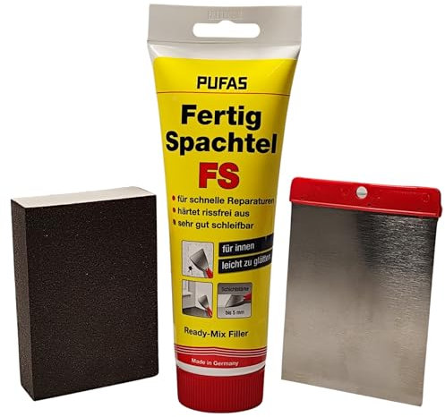 Reparaturspachtel PUFAS schnelle Hilfe im SET mit Schleifblock und Spachtel Füllen Ausbessern von Bohrlöcher Risse Schäden an Wand Decke Umzug Lochfüller renovieren Wandreparatur innen weiß Putz