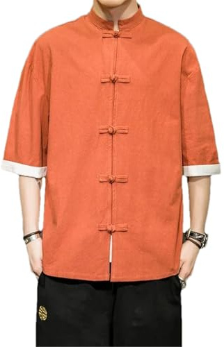 Kimono Giacca Uomo Abbigliamento Tradizionale Cinese Lino Hanfu Top Manica Lunga Tang Suit Camicia Kung Fu, Arancione, M