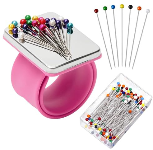 Magnetisk handledssystift med 100 stycken sömnadsnålar set handled nål kudde magnetisk handled stifthållare armband handled 3,5 cm kulhuvud raka nålar för hand sytillbehör (rosenröd)