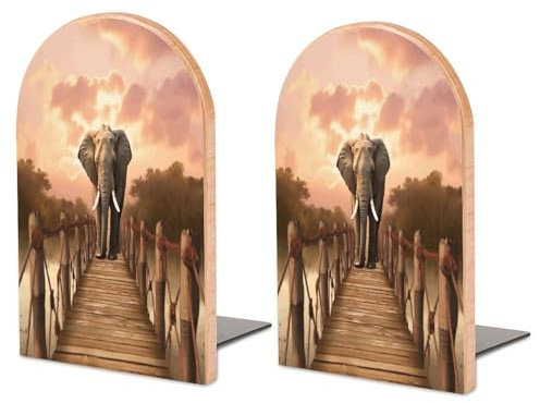 Verdickte Holz-Buchstützen, Elefant auf einer Brücke, kreative dekorative Buchstützen, rutschfeste Buchstützen, 1 Paar, groß
