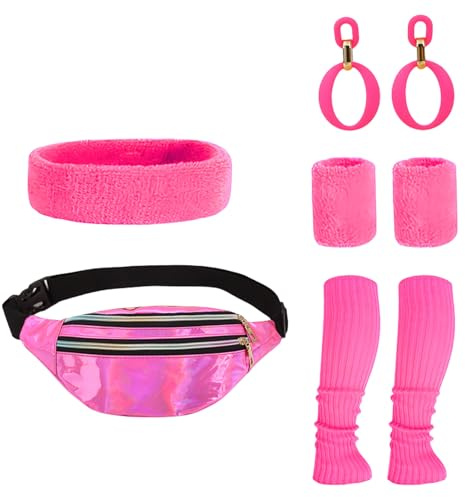 80er Jahre Retro Neon Sport Bauchtasche Set - Komplettes Workout-Outfit inkl. Ohrringe, Armband, Beinstulpen, Stirnband, hot pink